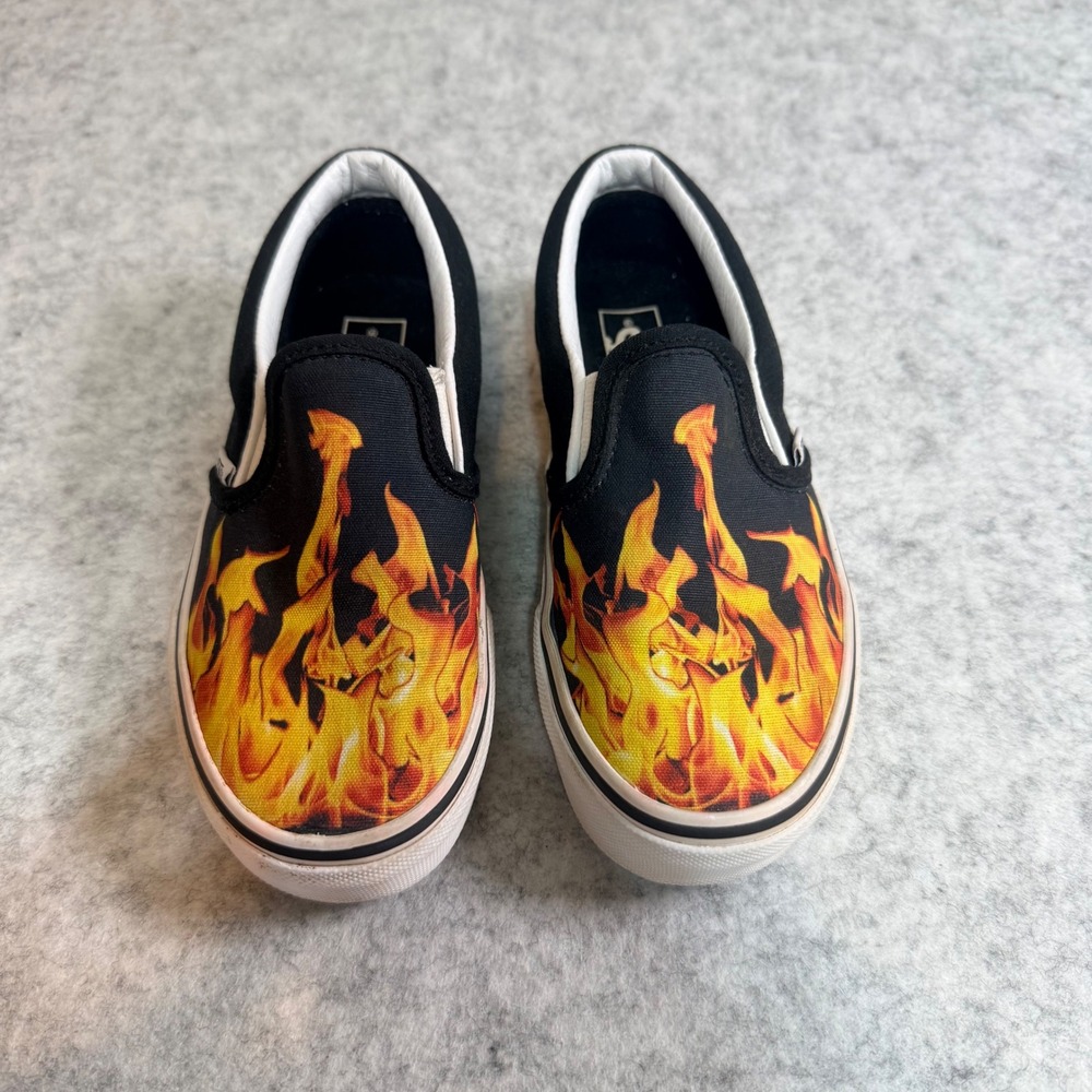 Vans Slip-On Kids Size 1.0 Boys Black Digi Flame Skate Sneakers